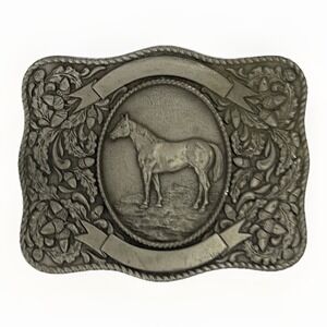 VTG 1974 LTC Western Productions Horse Trophy Belt Buckle Silver Tone